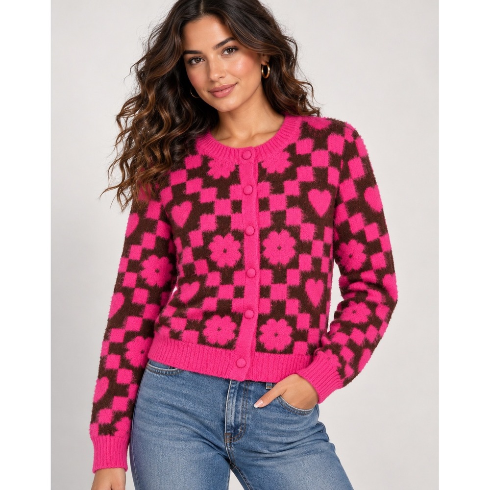 Forever 21 Pink Brown Checkerboard Heart Flower Cardigan Sweater Y2K Size M